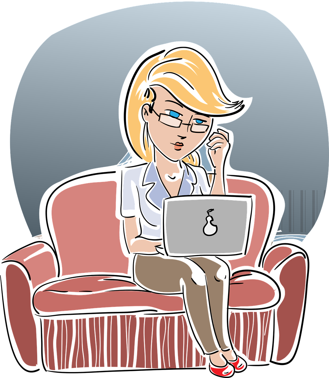 Women reading a blog on her laptop, sitting couch - illustration.